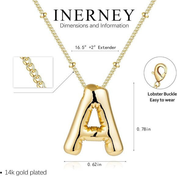 Gold Bubble Letter Necklace for Women, Dainty 14K Plated Balloon Initial Pendant - Picture 4 of 7